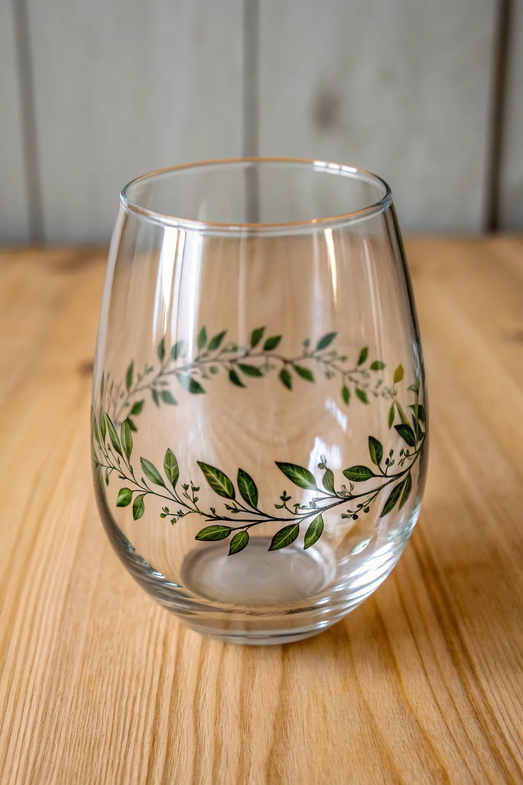 Paint a leafy vine border on a stemless glass for a calm Scandinavian-boho botanical look.