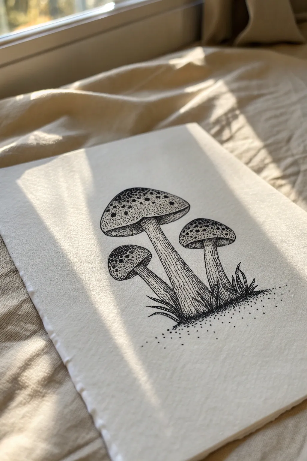 Stippled mushroom cluster with speckled caps and soft gills, calm minimal contrast.