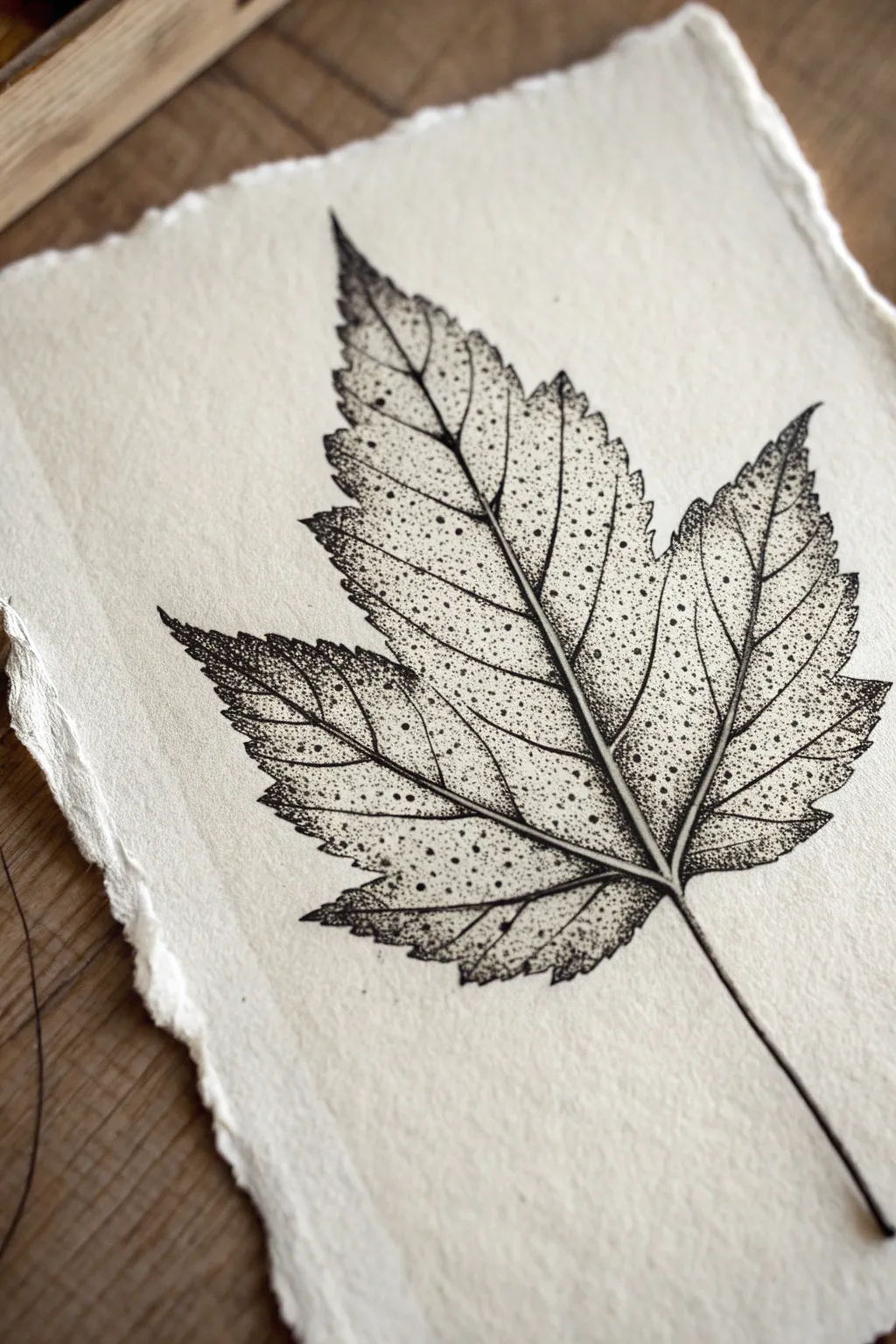 Stipple a single leaf study: crisp veins, speckled dots, and a calm negative-space highlight.