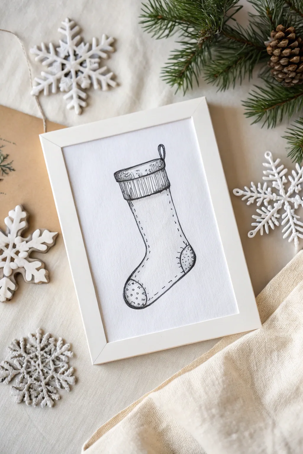 Minimalist stocking sketch with a shaded snowflake panel for a crisp, cozy winter look