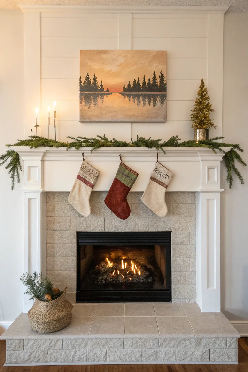 Minimal mantel canvas with cozy stockings and soft garland glow, perfect for holiday painting.