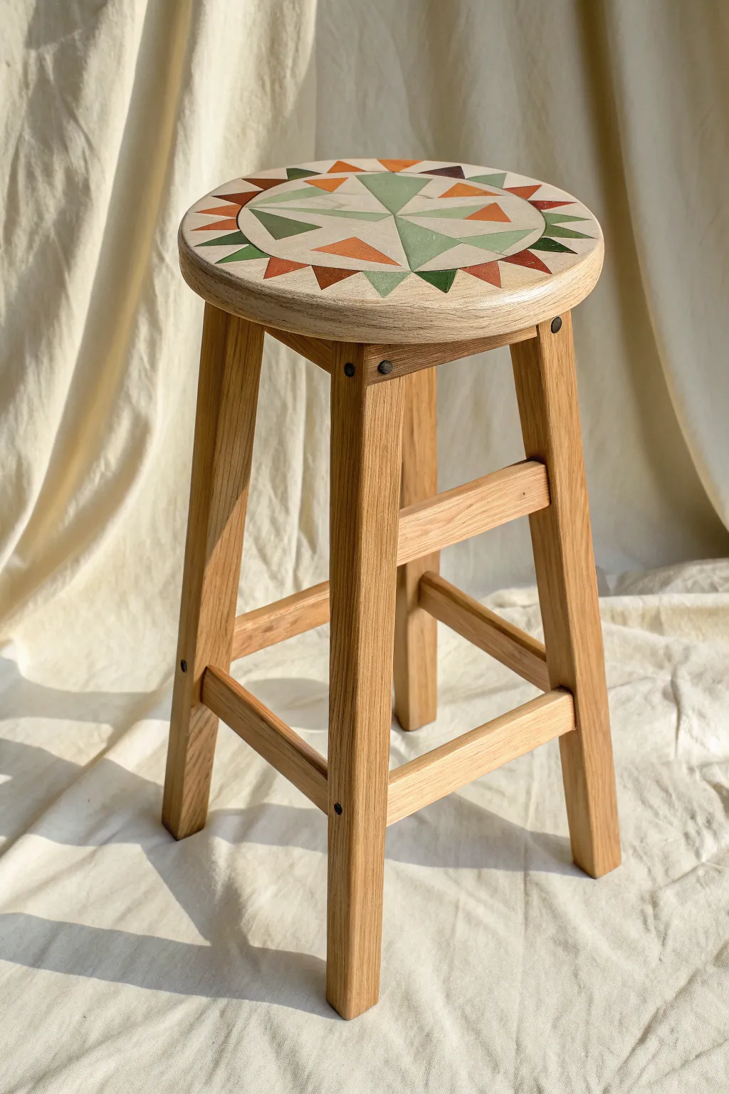 Modern tape triangle stool seat in sage, terracotta, and cream for a clean DIY look