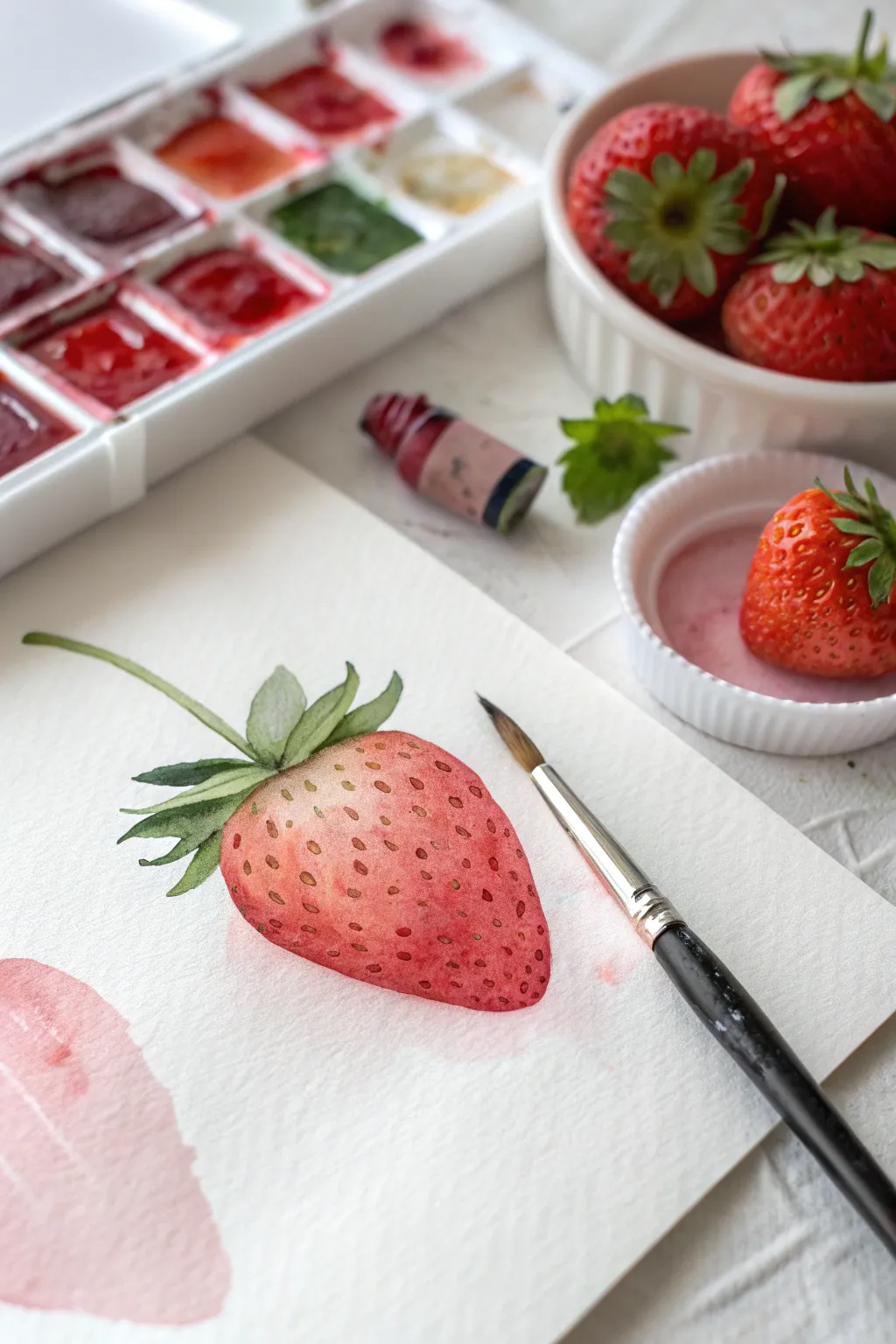 Paint a glowing strawberry with wet-on-wet blends for soft, juicy watercolor transitions.
