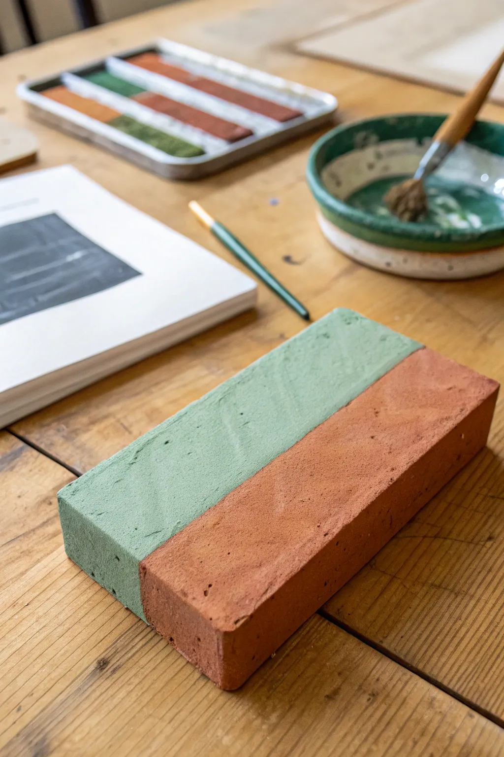Two-tone roll on one styrofoam block: warm terracotta meets cool sage in a crisp print.
