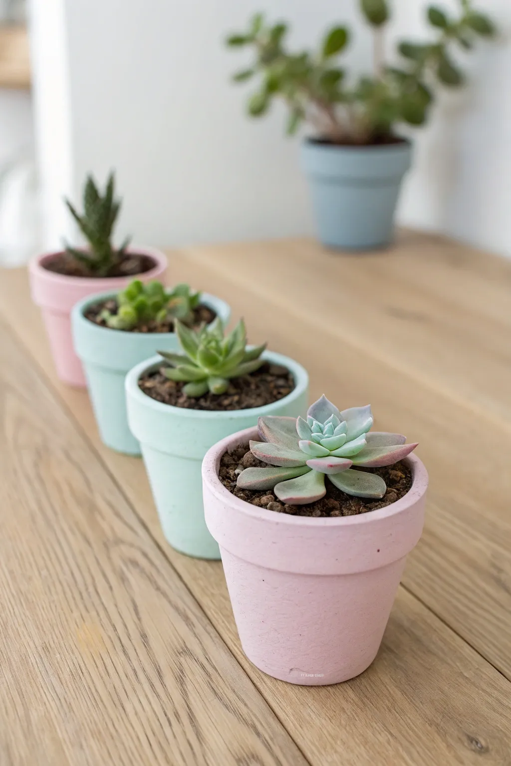 Soft pastel rainbow succulent pots in a clean row, minimalist boho DIY with crisp contrast