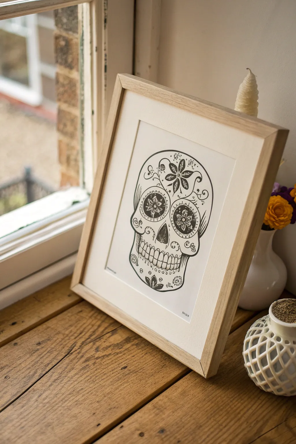 Beaded dotwork sugar skull with icing-like texture, minimalist boho mood, easy to recreate