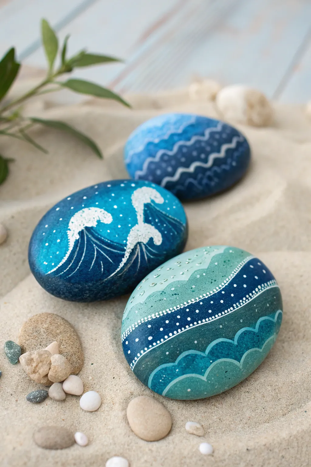 Ocean wave rock paintings in layered blues with delicate white foam lines on soft sand