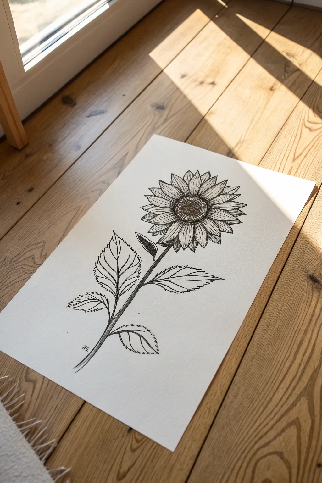 Bold ink sunflower outline with simple stem, perfect minimalist sketch practice today.