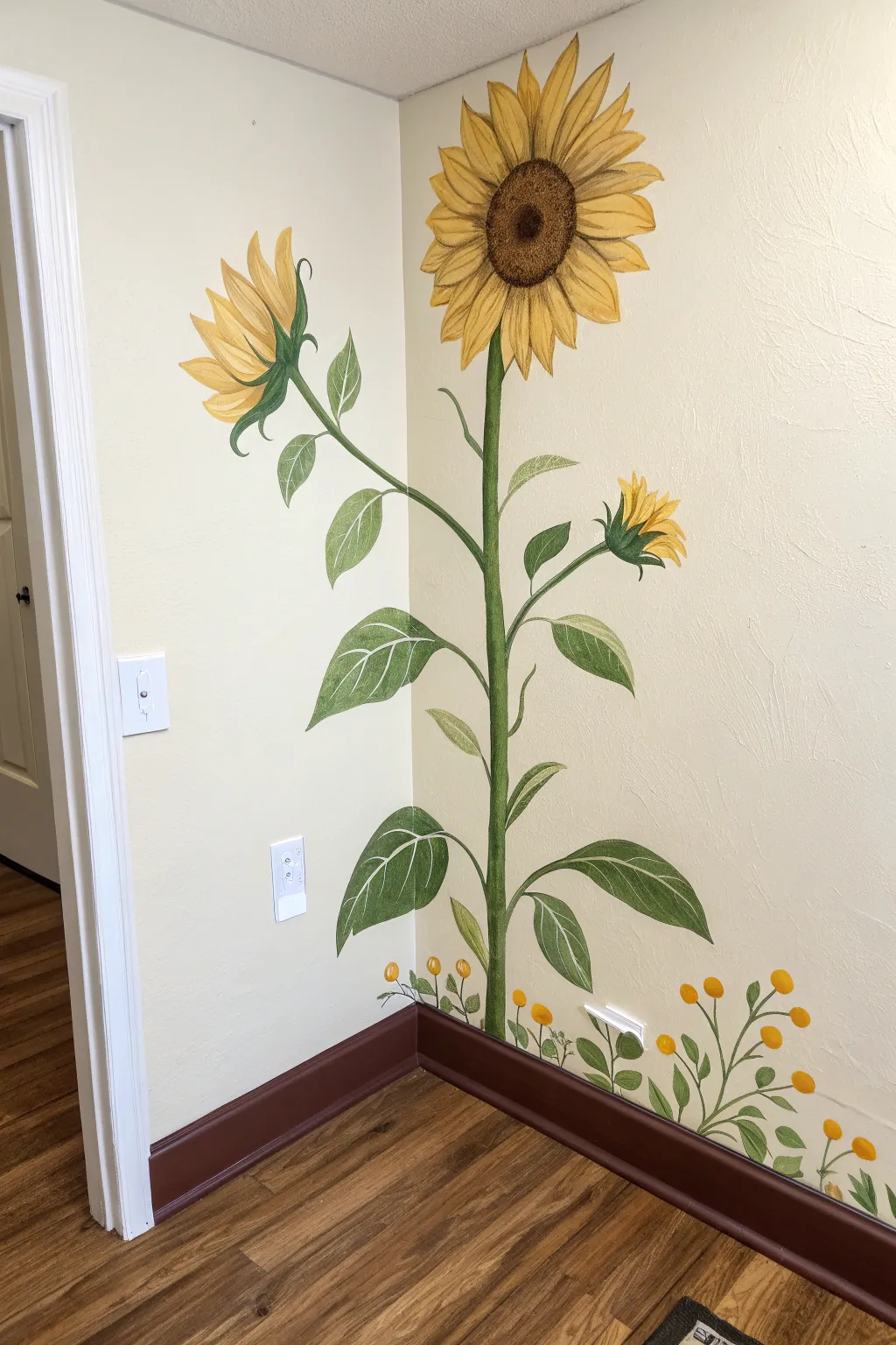 Make the corner shine with a tall sunflower stalk mural that wraps gracefully onto both walls.