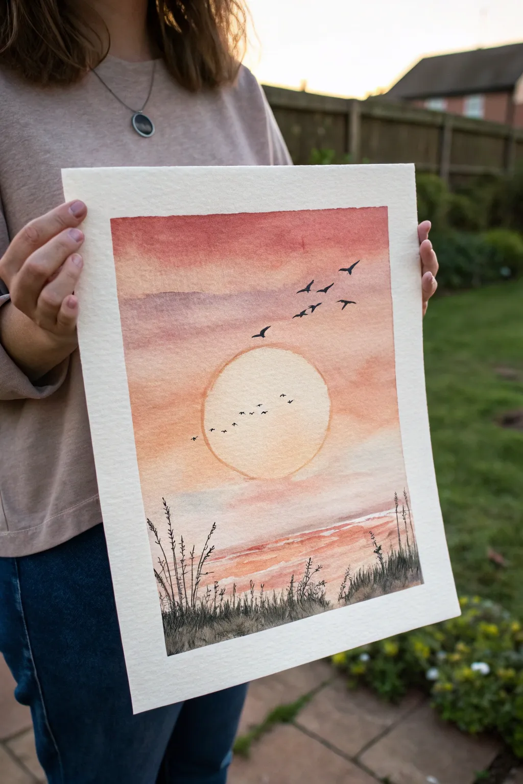 Paint a pale sun and crisp bird silhouettes drifting across a warm sunset gradient.