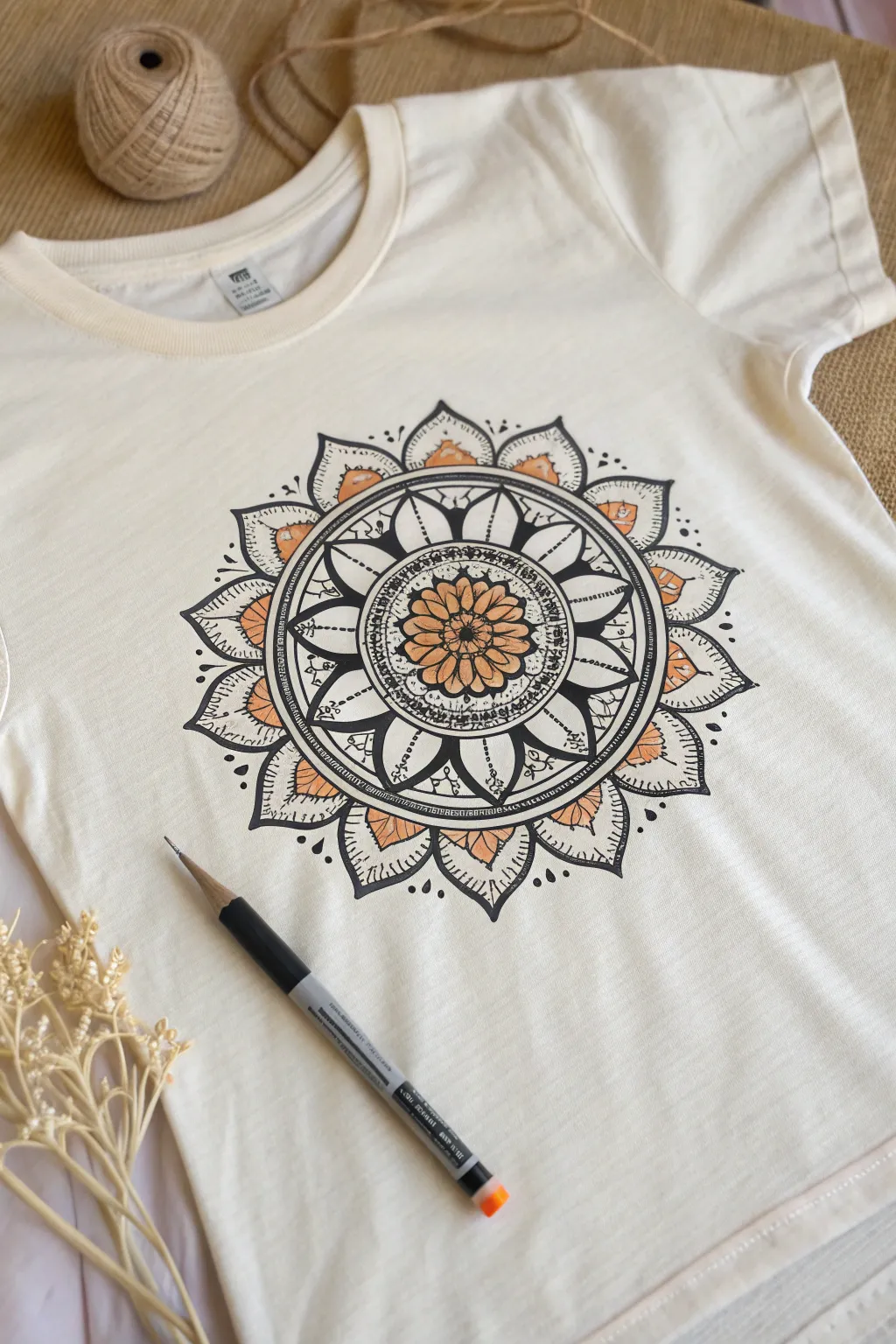 Centered mandala medallion on a crisp white tee, calming dotwork detail in boho minimal style.