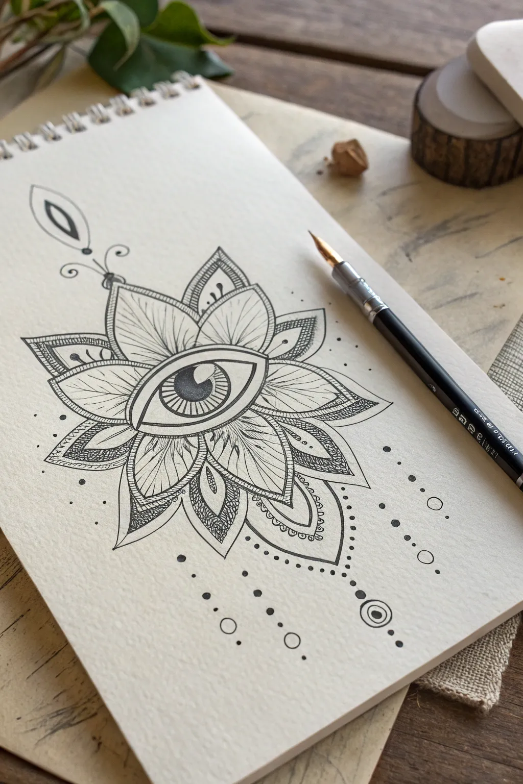 Protective eye ornament sketch in clean black line art, minimalist boho tattoo inspiration
