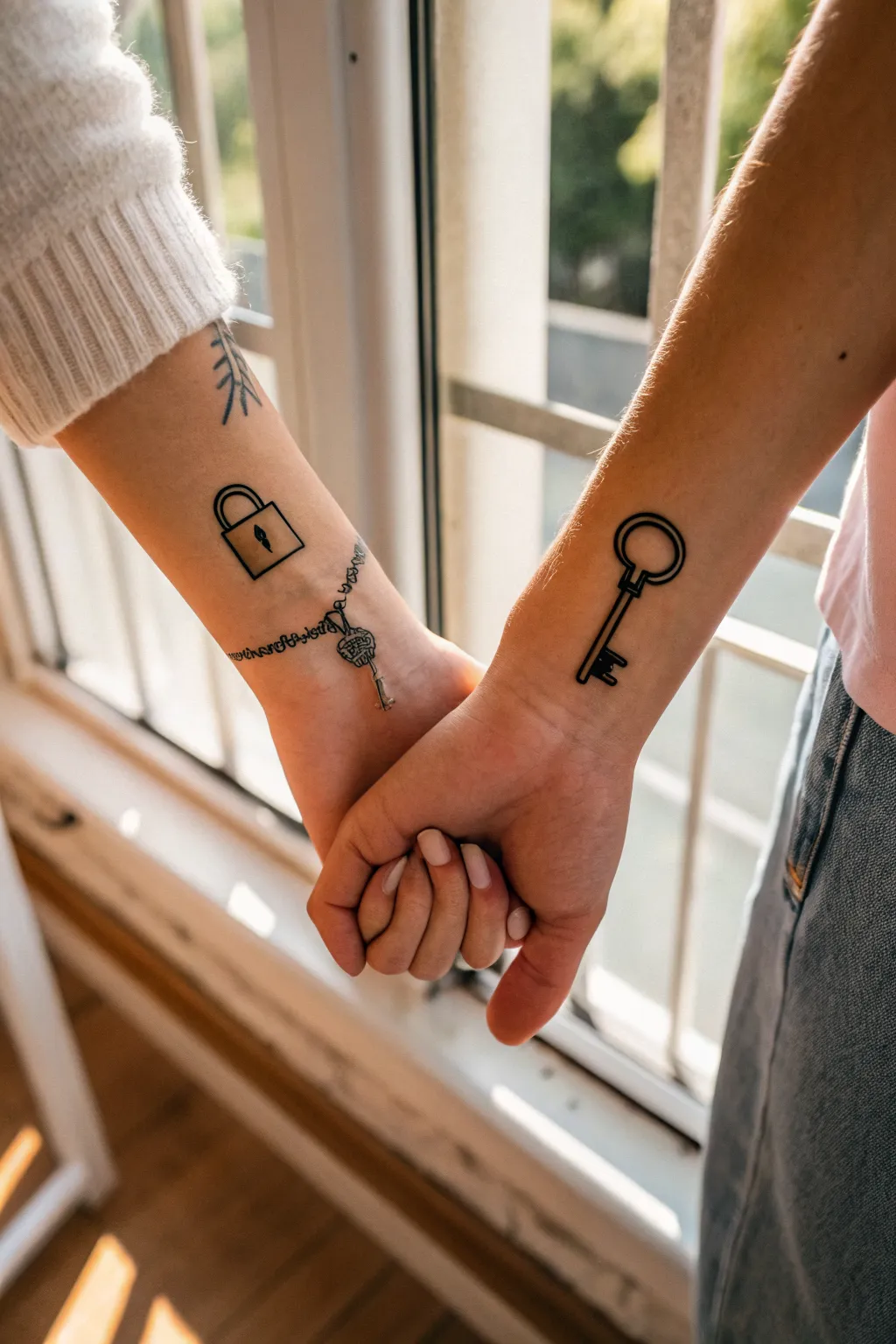 Lock and key couple tattoo idea with clean fine-line ink, cozy minimal styling, and strong contrast