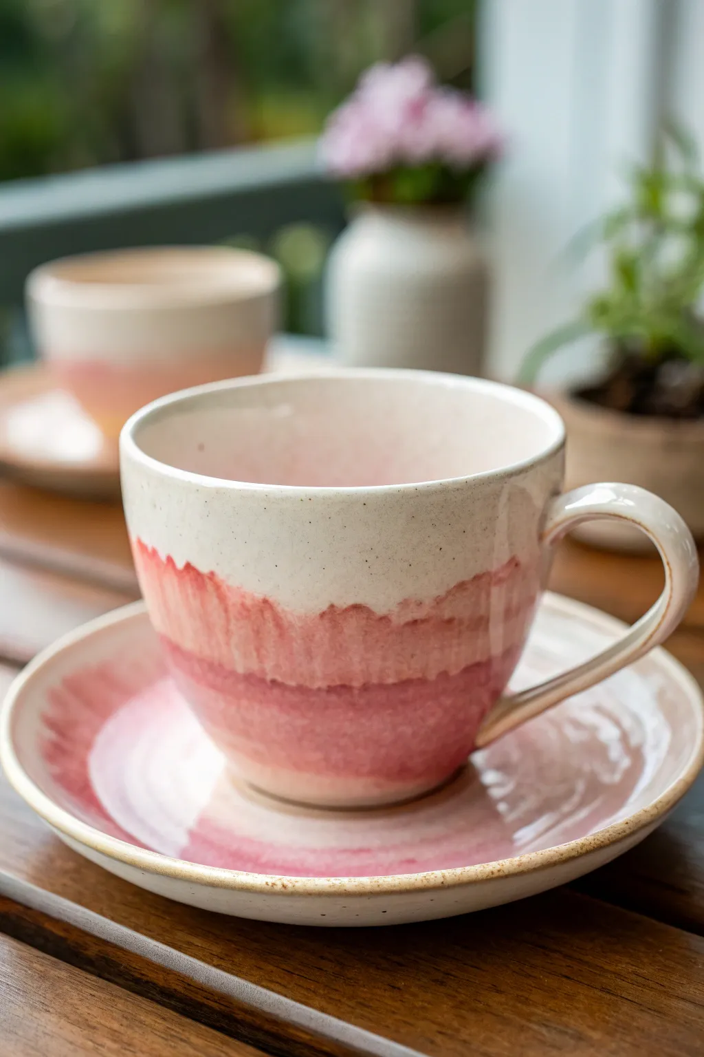 Soft watercolor gradient tea cup with dreamy drips and minimalist Scandinavian styling