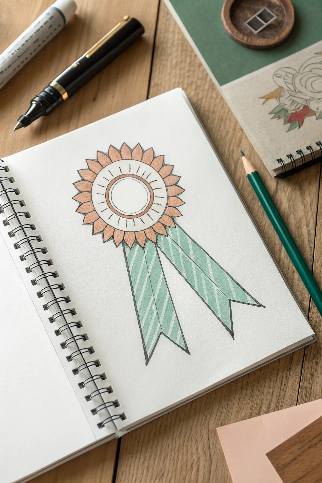 Scandi-boho ribbon badge illustration with subtle classroom doodles for teacher drawing ideas