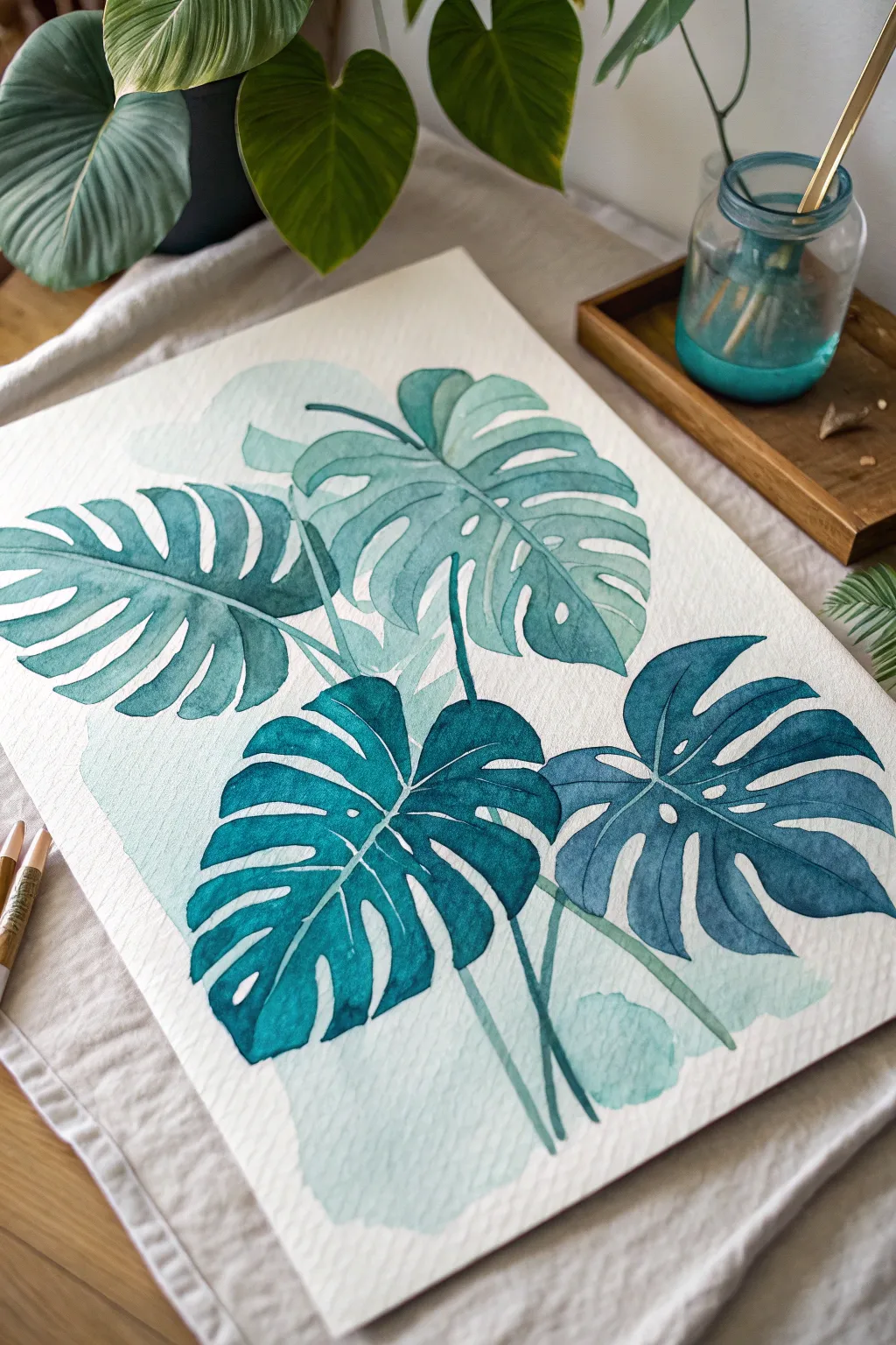 Teal tropical leaves study with bold veins, clean negative space, and calming minimalist vibe.