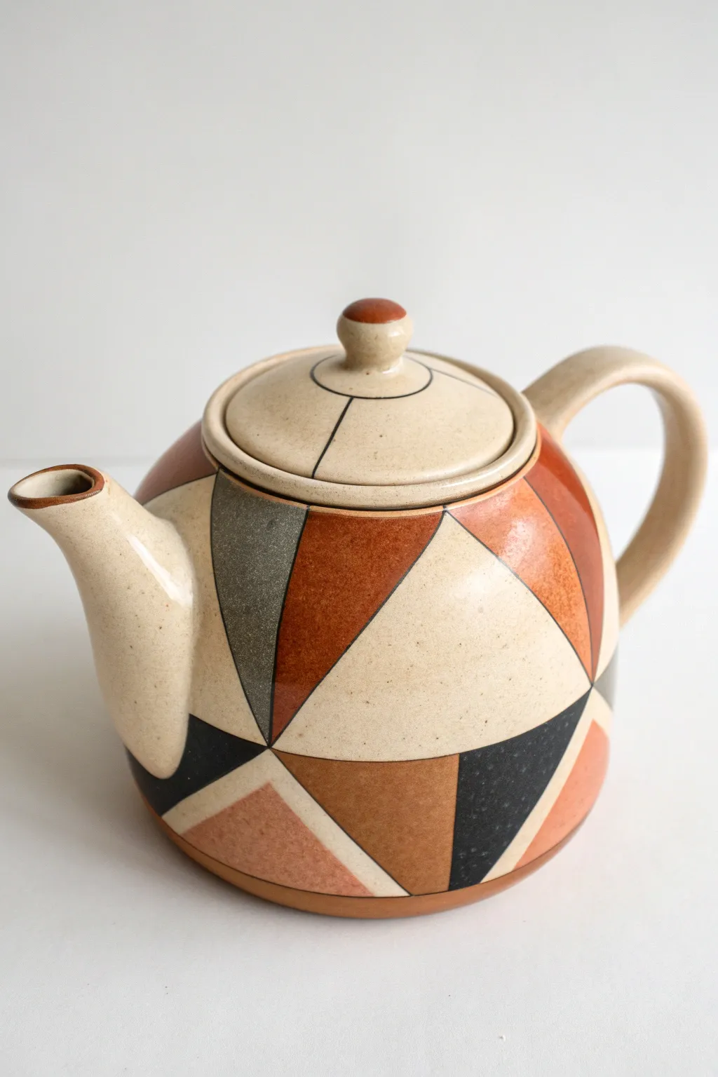 Geometric color-block teapot with crisp panels and bold hues in a minimalist boho mood.