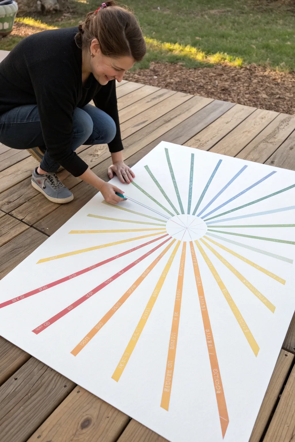 Sunburst rays with tempera paint sticks and tape, with crisp peeled lines and rainbow color pop