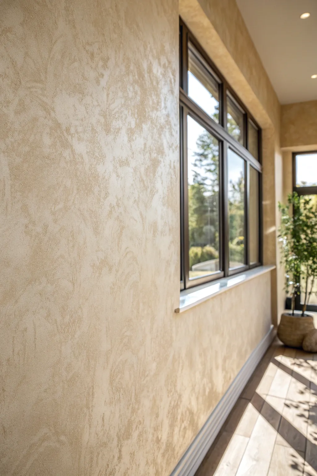 Velvety sponge-dabbed glaze in warm greige over cream for a calm, artisanal mottled wall