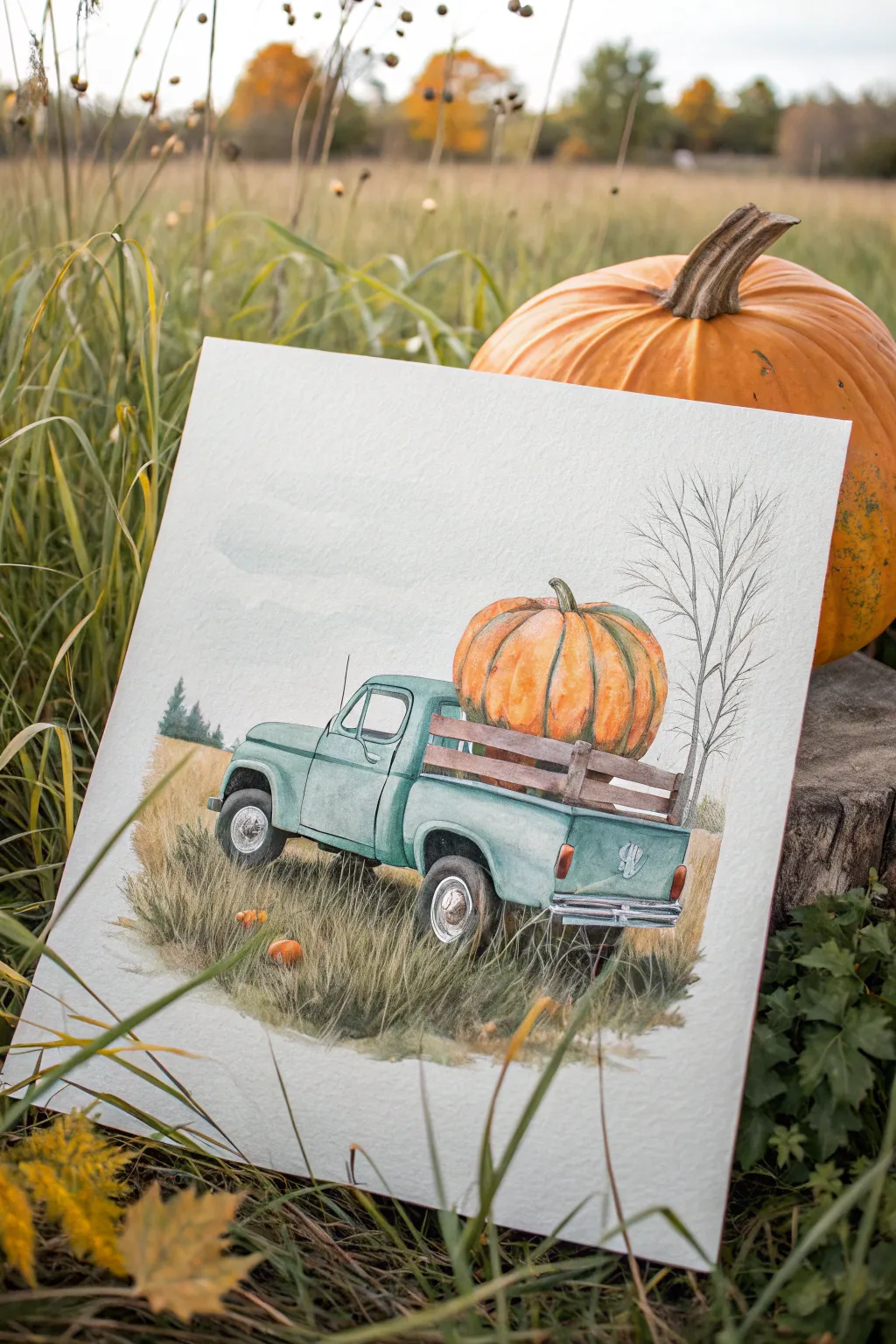 Minimal harvest truck carrying a giant pumpkin, perfect cozy Thanksgiving paint night inspiration.