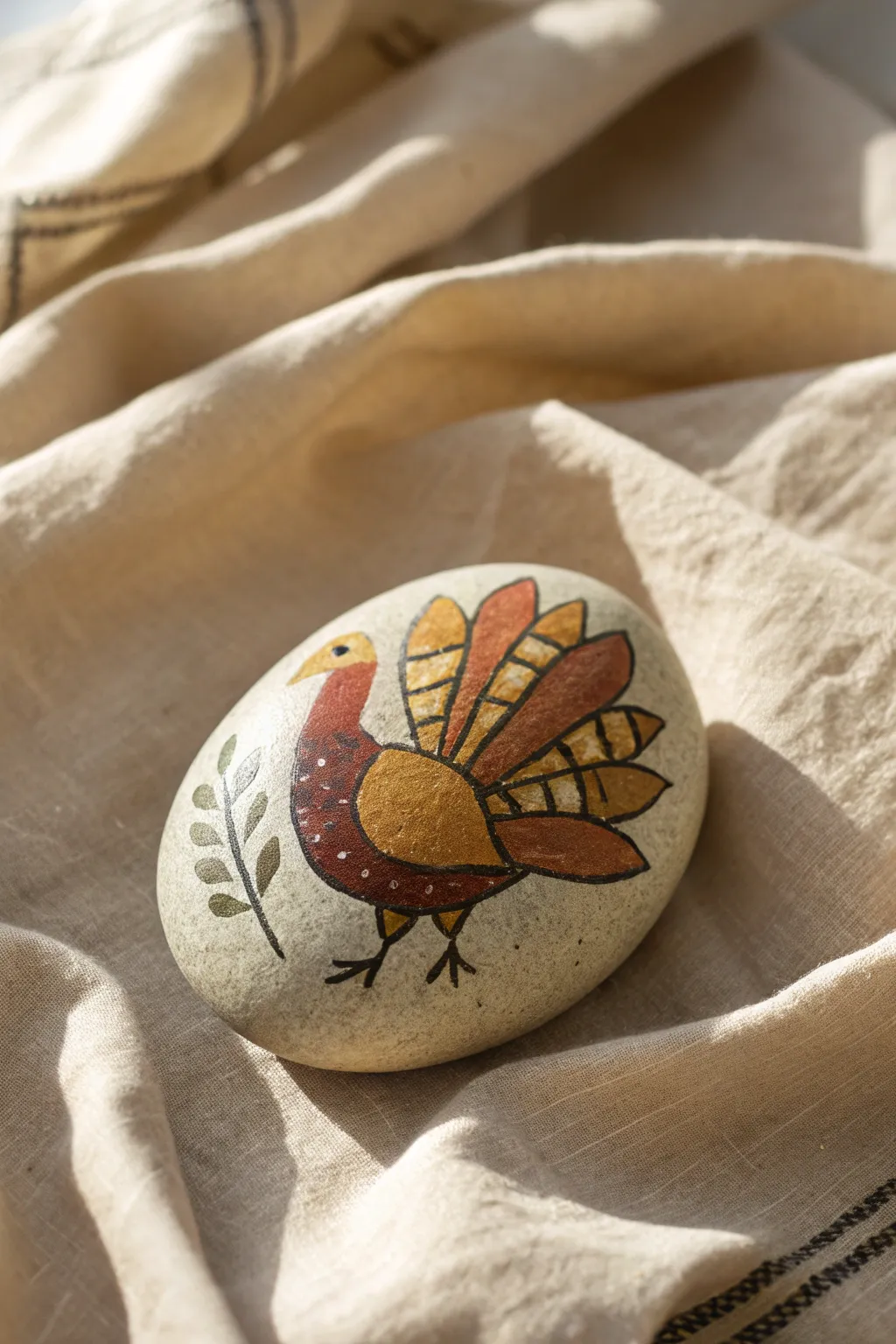 Muted rustic turkey rock on linen in mustard, rust, and olive for cozy Thanksgiving painted rocks