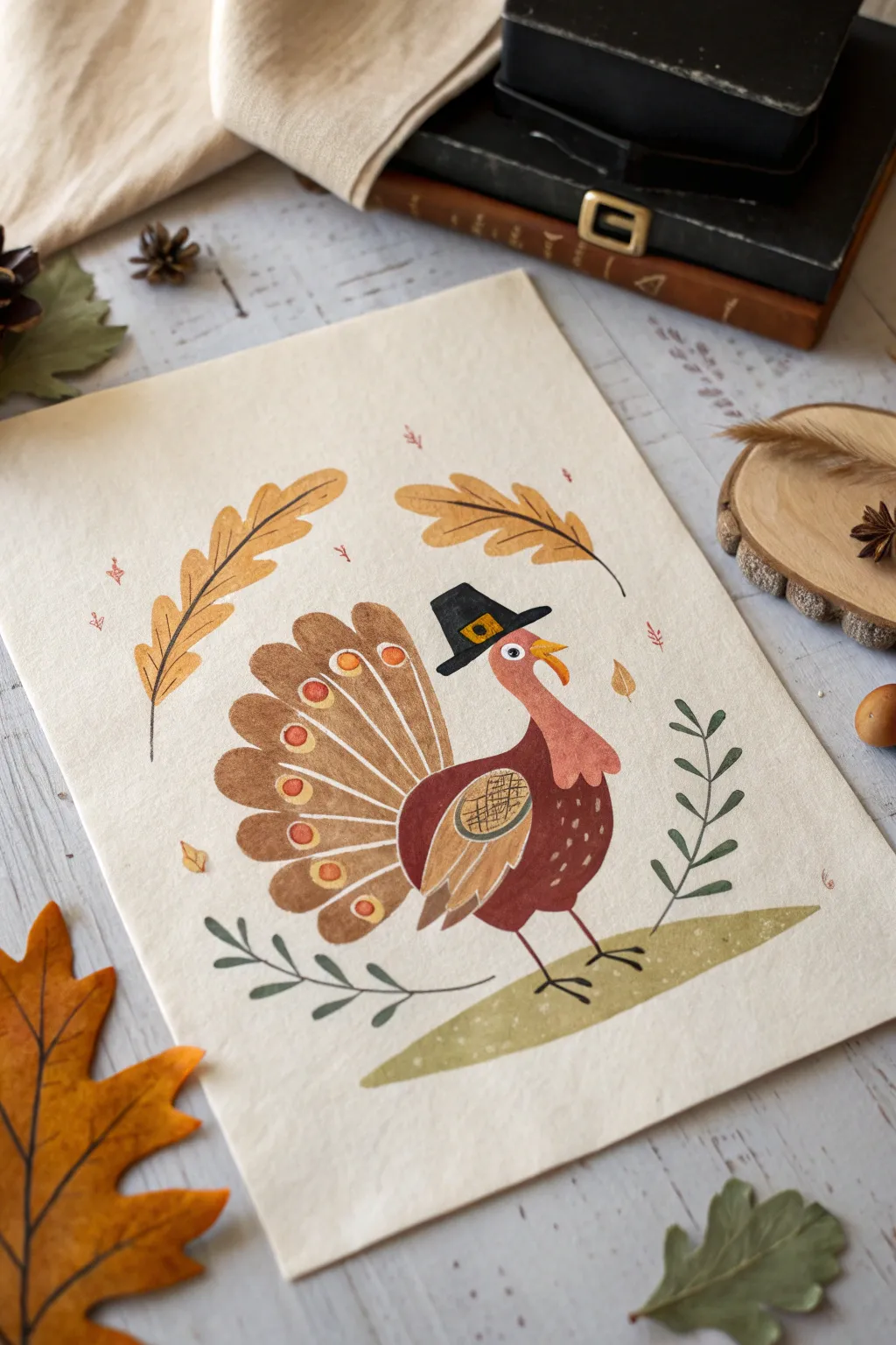 Paint a cute pilgrim-hat turkey in bold minimal shapes for a classic Thanksgiving vibe