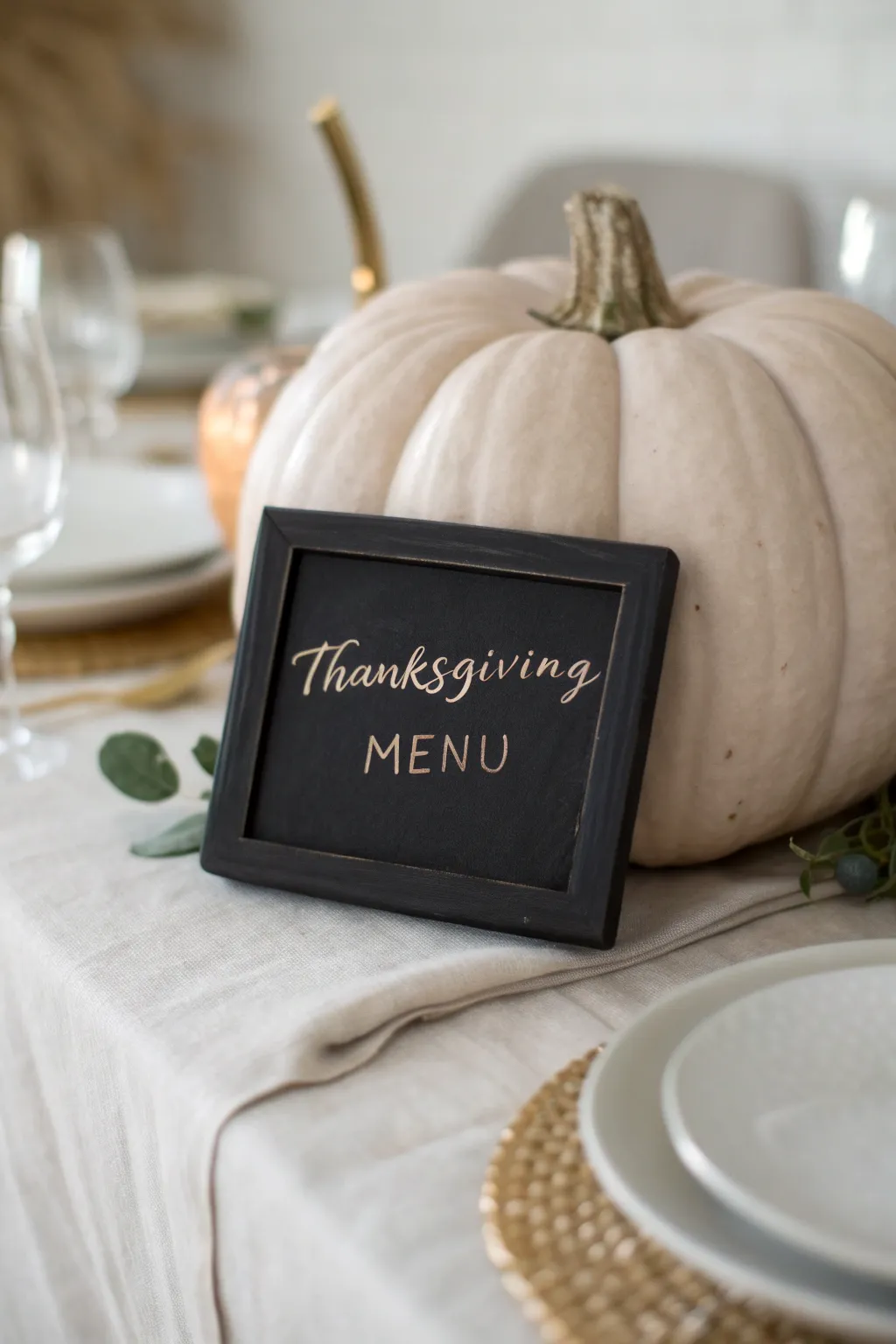 Matte neutral menu pumpkin centerpiece with minimalist calligraphy for a chic Thanksgiving table