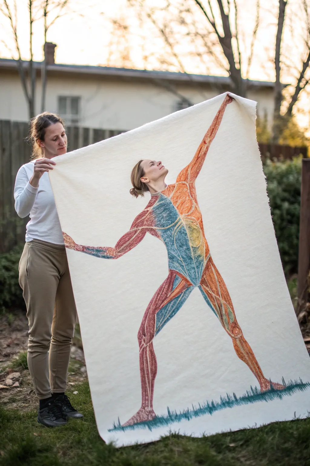 Paint a stretching figure with thermal topographic bands for a modern minimalist statement.