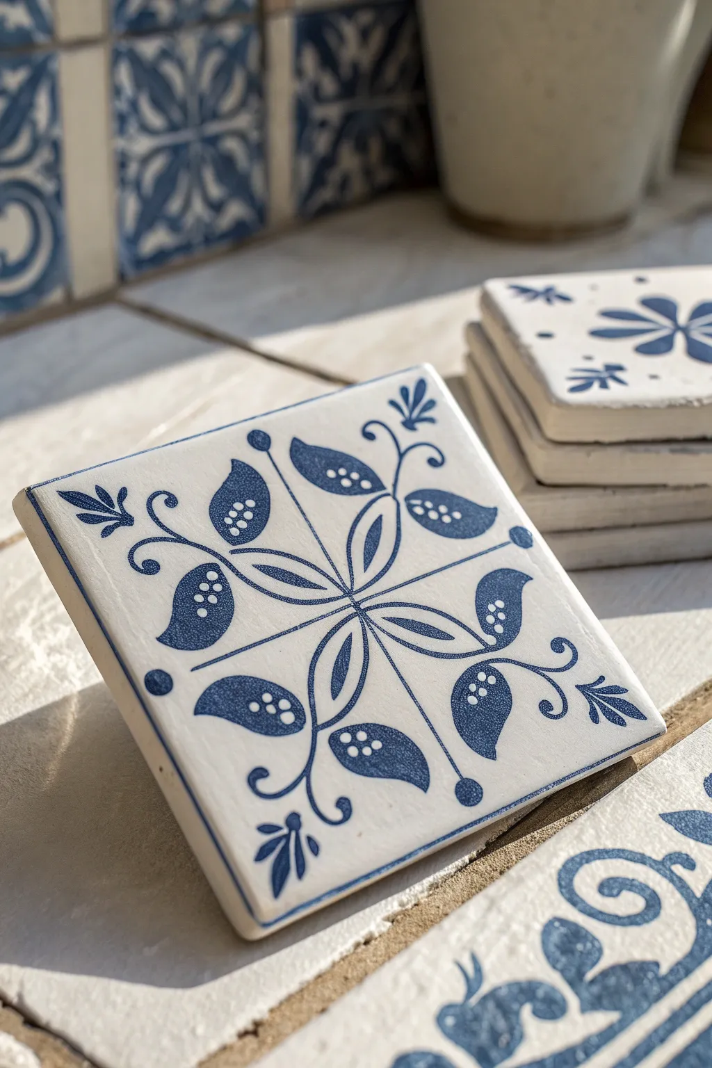 Blue-and-white linework tile with simple swirls and dots, shown as a calm minimalist set