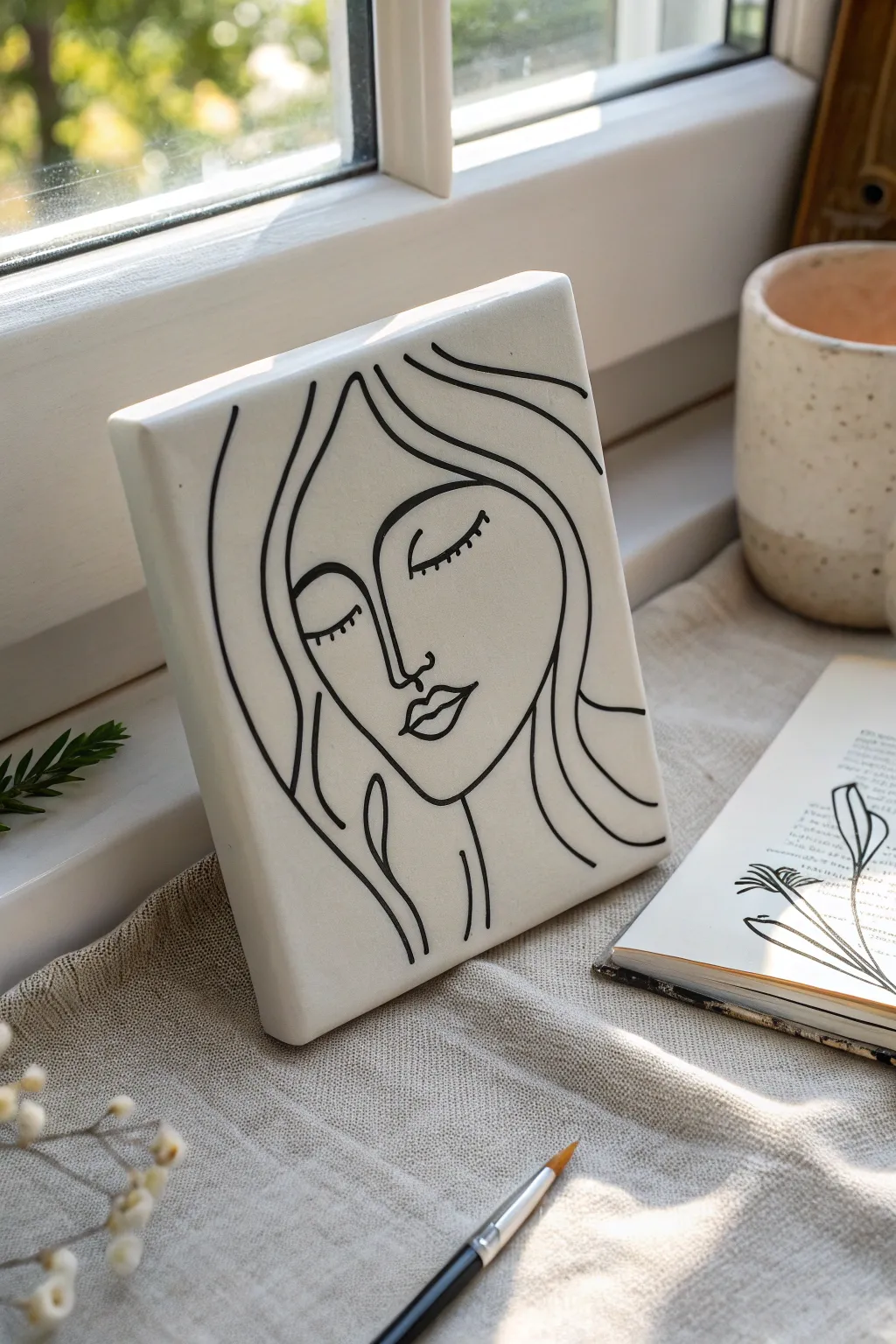 Minimal black line art on a white tile, inspired by sketchbook doodles for chic DIY decor