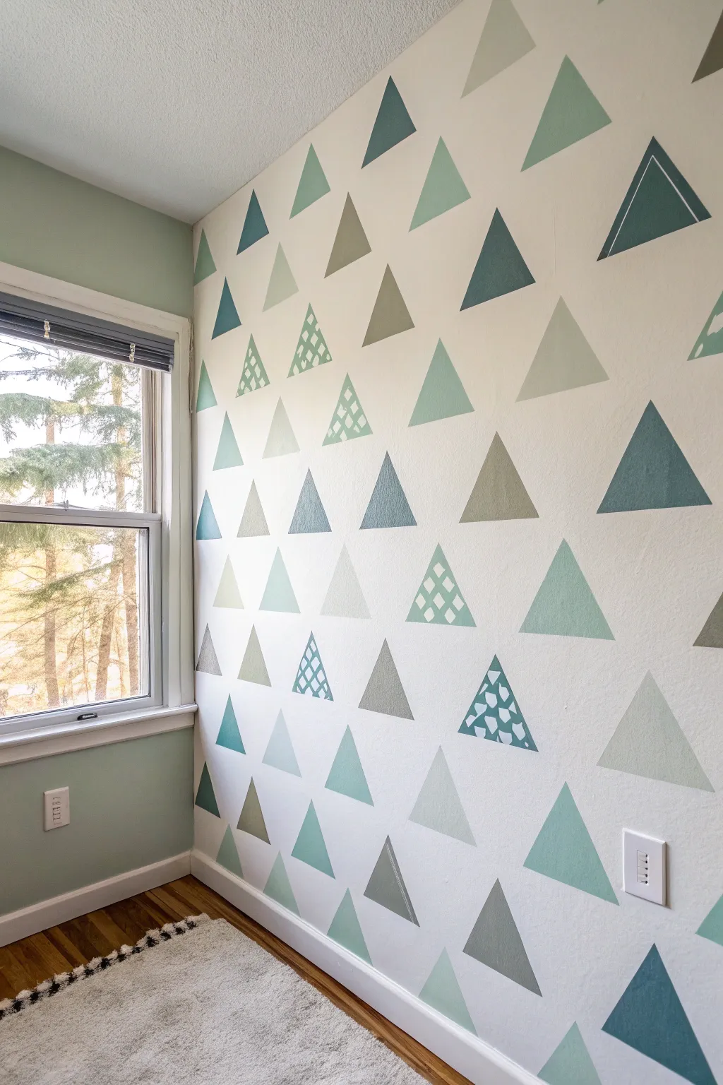 Crisp taped triangle geometry in dusty blue, sage, and off-white for a playful modern toddler room