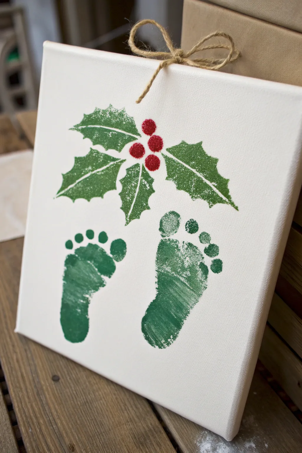 Mistletoe footprints and red fingerprint berries on a clean canvas for a sweet toddler keepsake