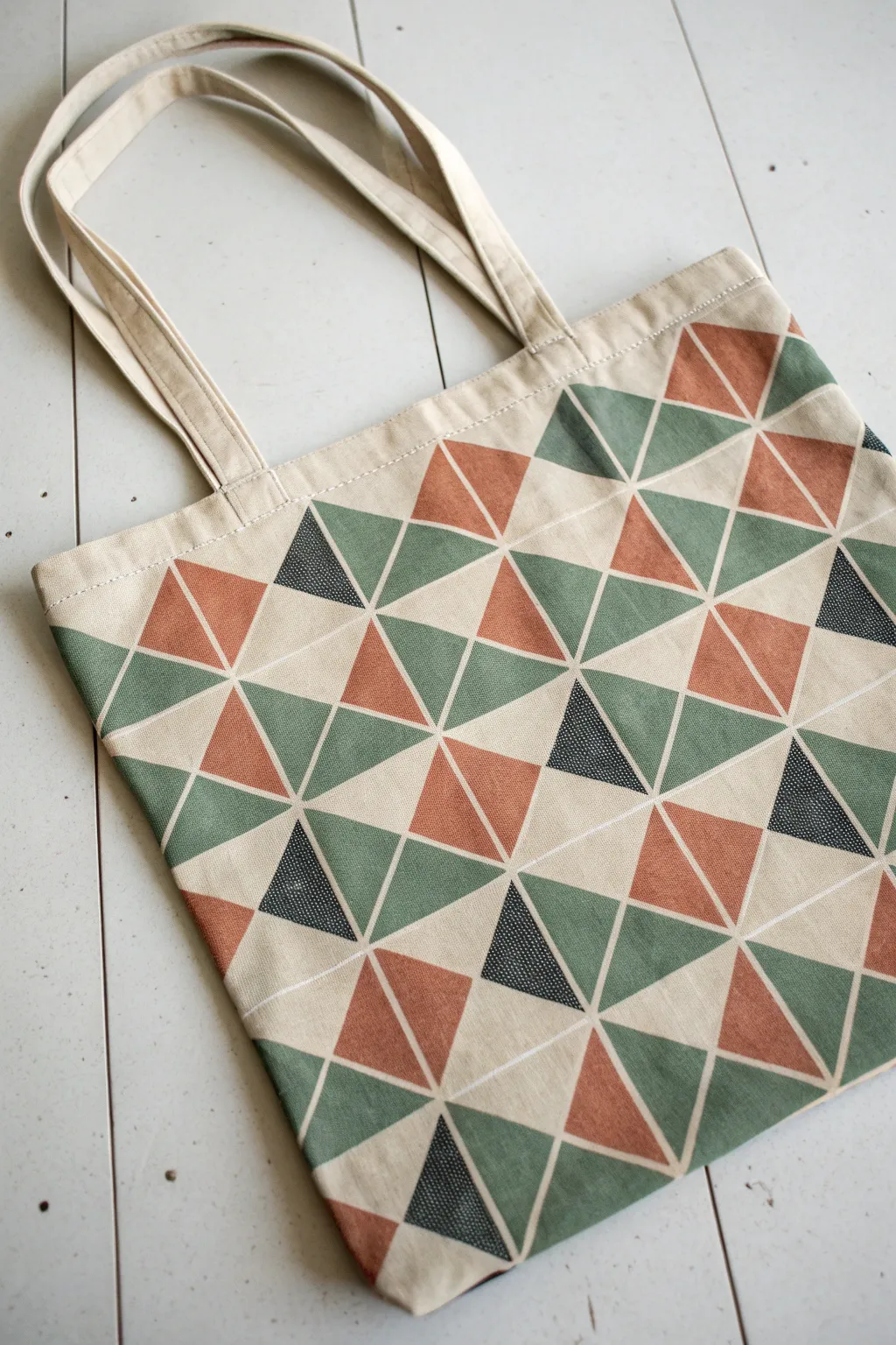 Modern tote bag painting: triangle and circle grid with tape-sharp edges in soft Scandi boho tones