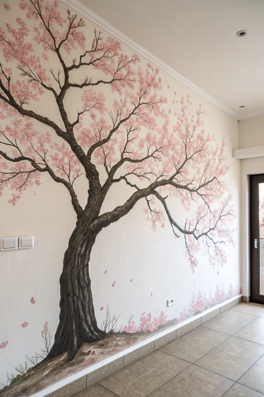 Romantic cherry blossom tree mural with a dark trunk and soft pink blooms in airy Nordic-boho style