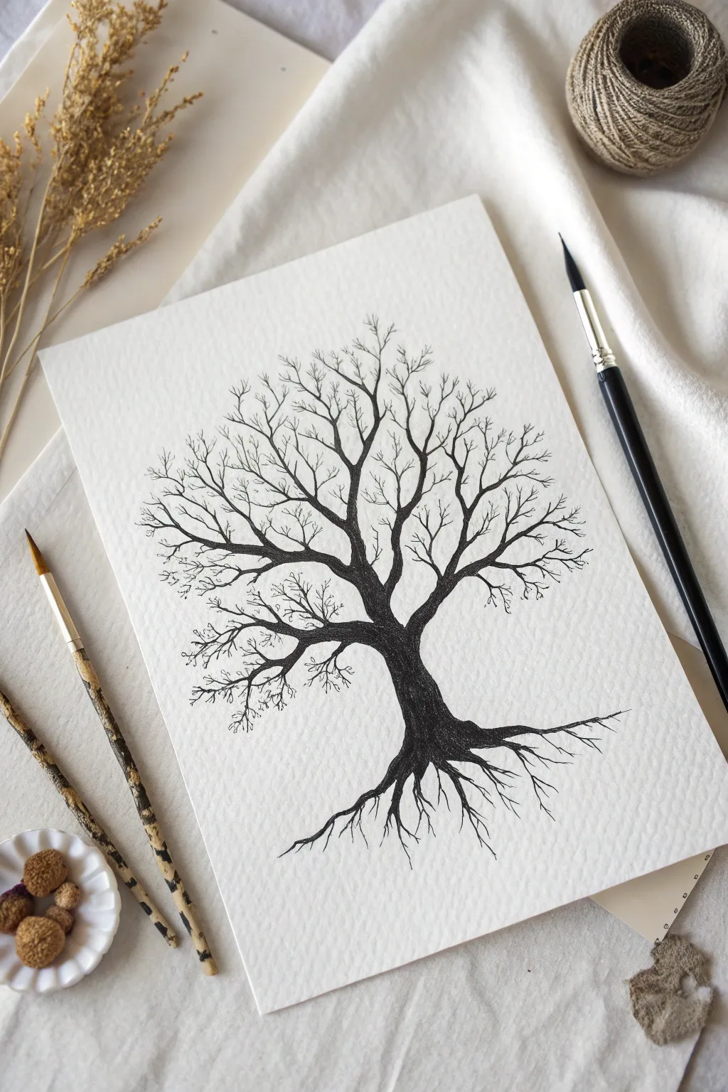 Crisp black ink Tree of Life on white paper, minimalist contrast with handcrafted elegance