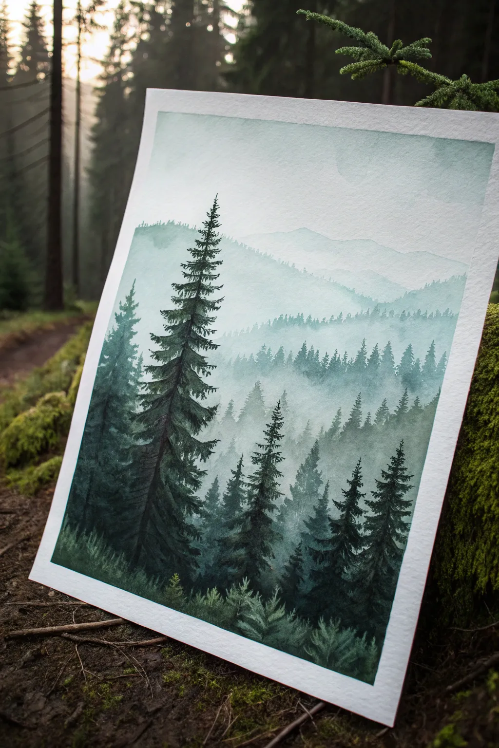 Layered pine forest painting with misty depth, dark-to-light silhouettes, calm Nordic palette