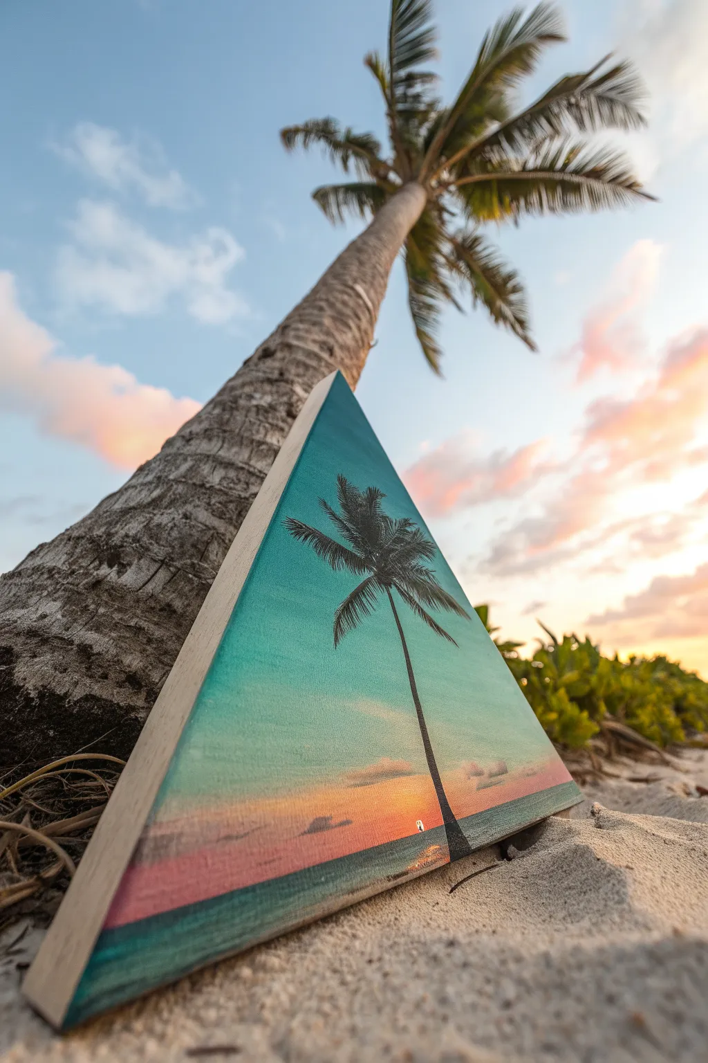 Triangle canvas idea: bold palm silhouette on a tropical gradient for a tall, airy look.