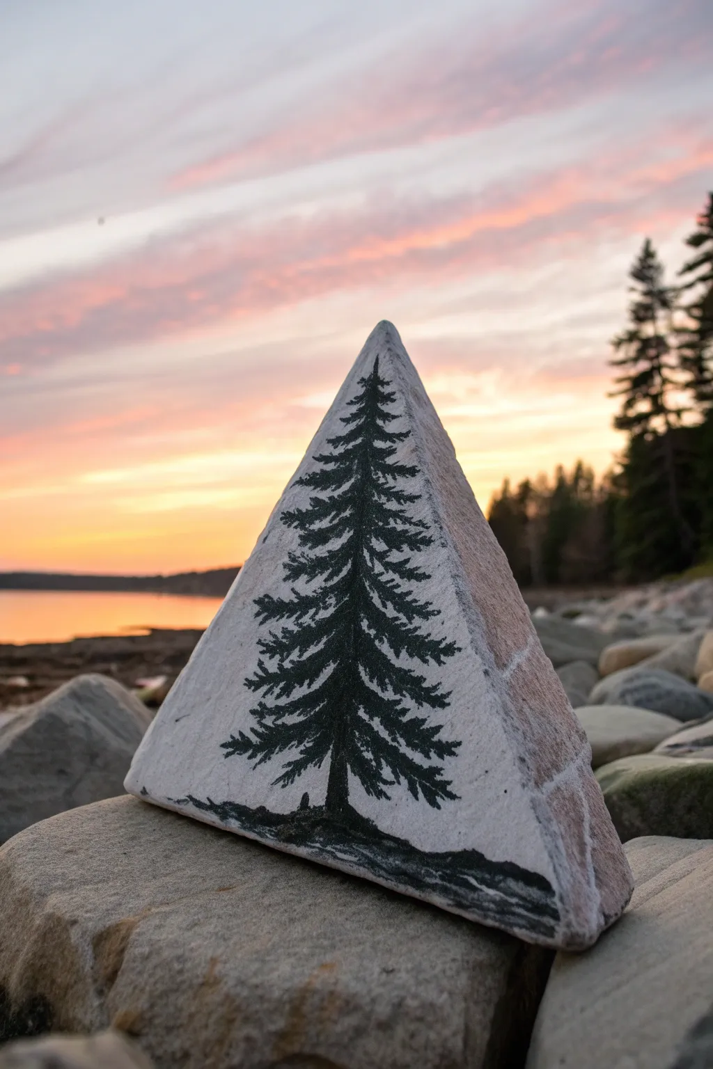 Paint a pine silhouette on a triangle rock with a dreamy sunset gradient backdrop