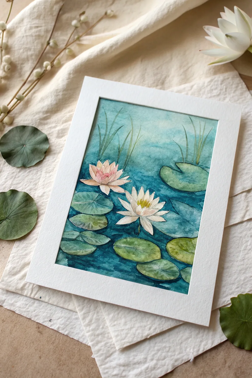 Layer turquoise blues and greens into a calm lily pond glow with simple pads and dusk reflections.