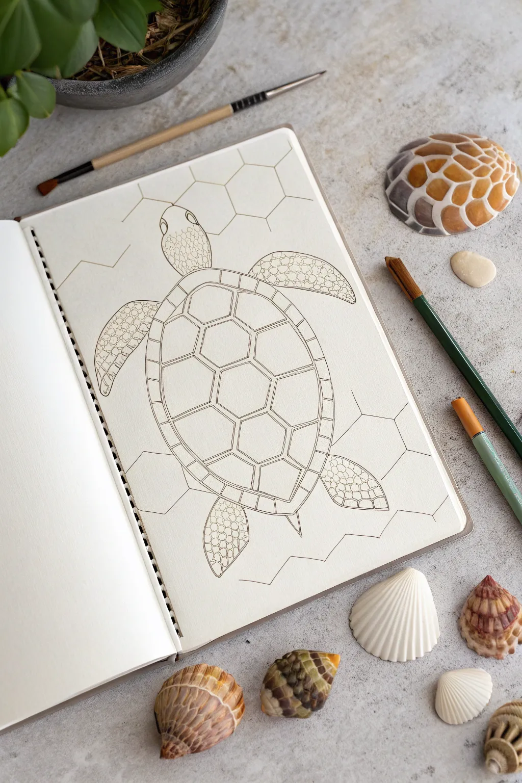 Top-down turtle shell scute patterns with minimalist linework and soft earthy washes.