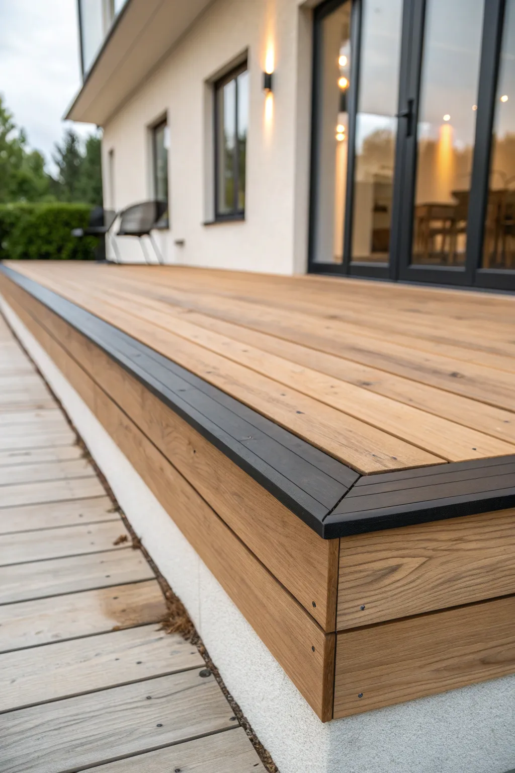 Two-tone deck detail: dark perimeter fascia framing a lighter deck surface for clean contrast.