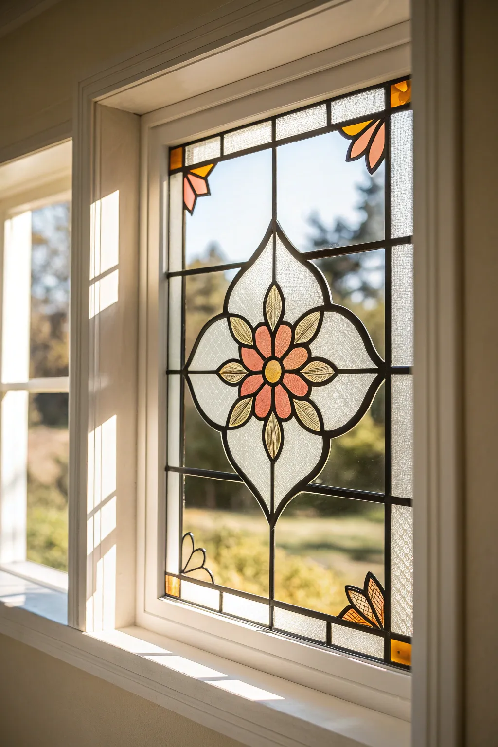 Painted stained-glass window pattern glowing in sunlight, a minimalist boho art idea to try today