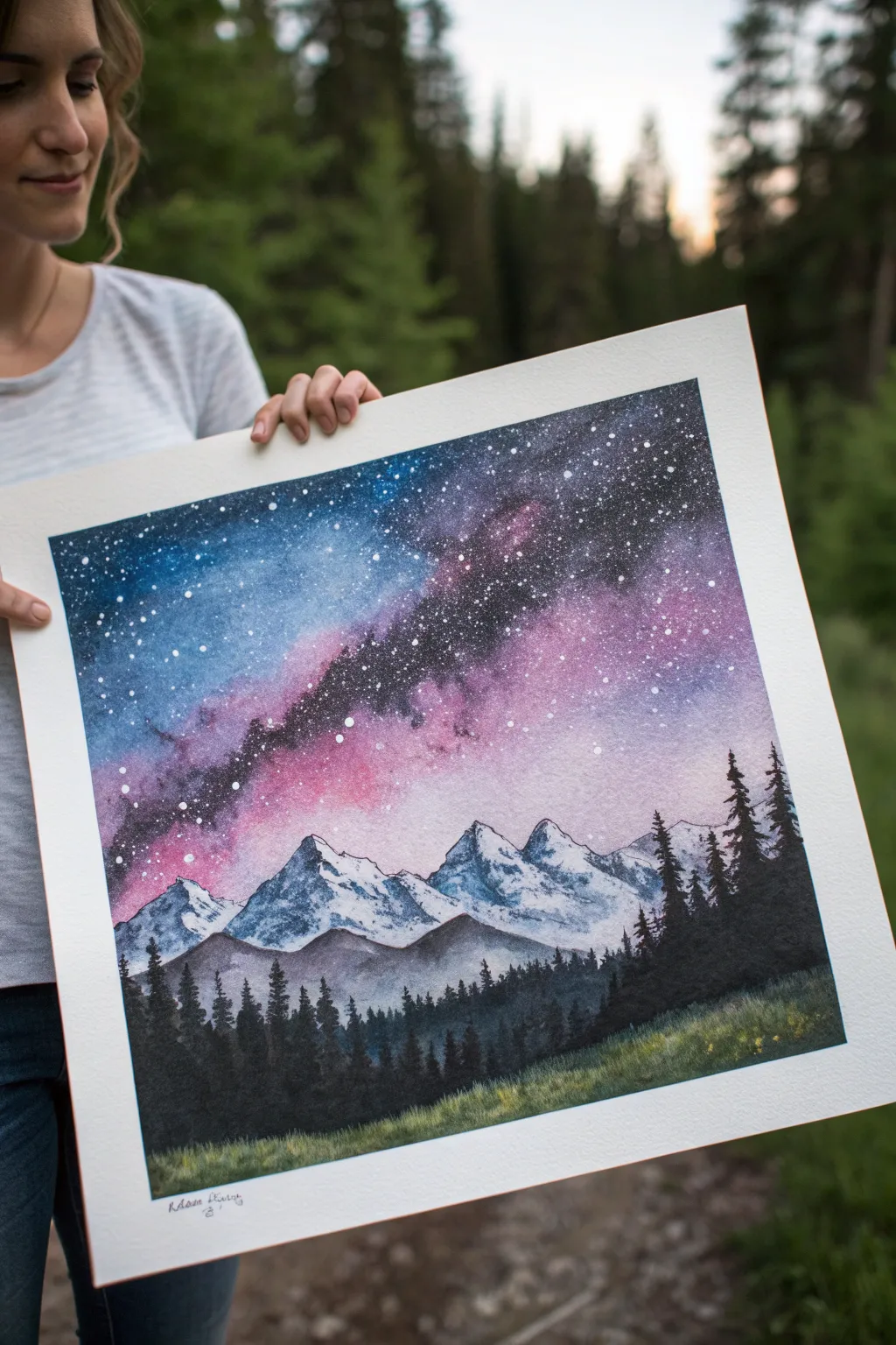 Paint a cosmic horizon: glowing nebula band above stark mountain silhouettes and fading stars