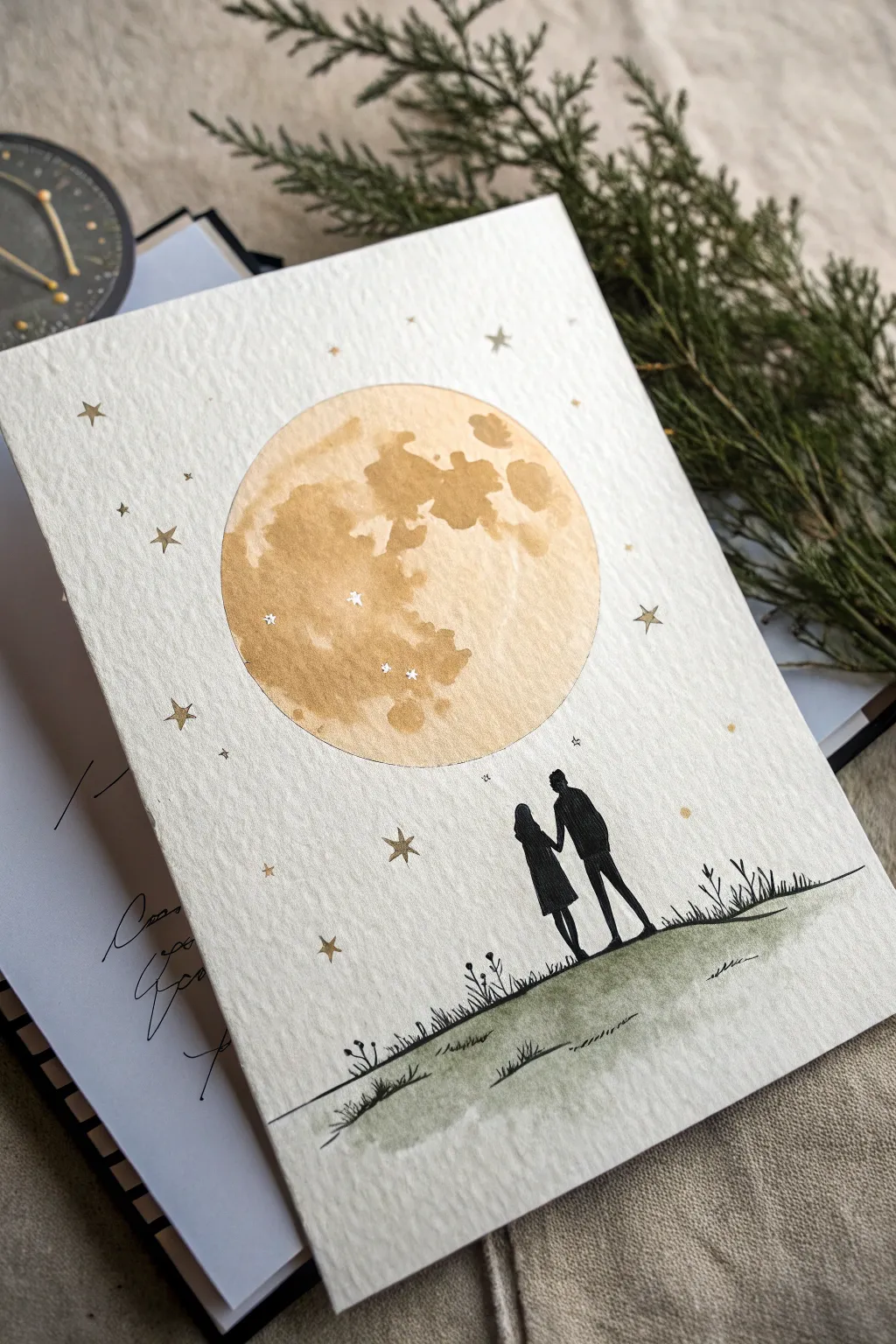 Minimalist couple silhouette under a glowing moon, a dreamy Valentine drawing idea.