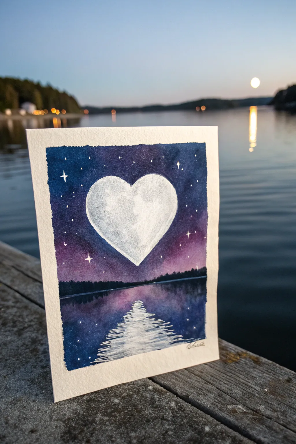 Dreamy heart moon over a moonlit lake, simple navy-violet watercolor for Valentine paint and sip