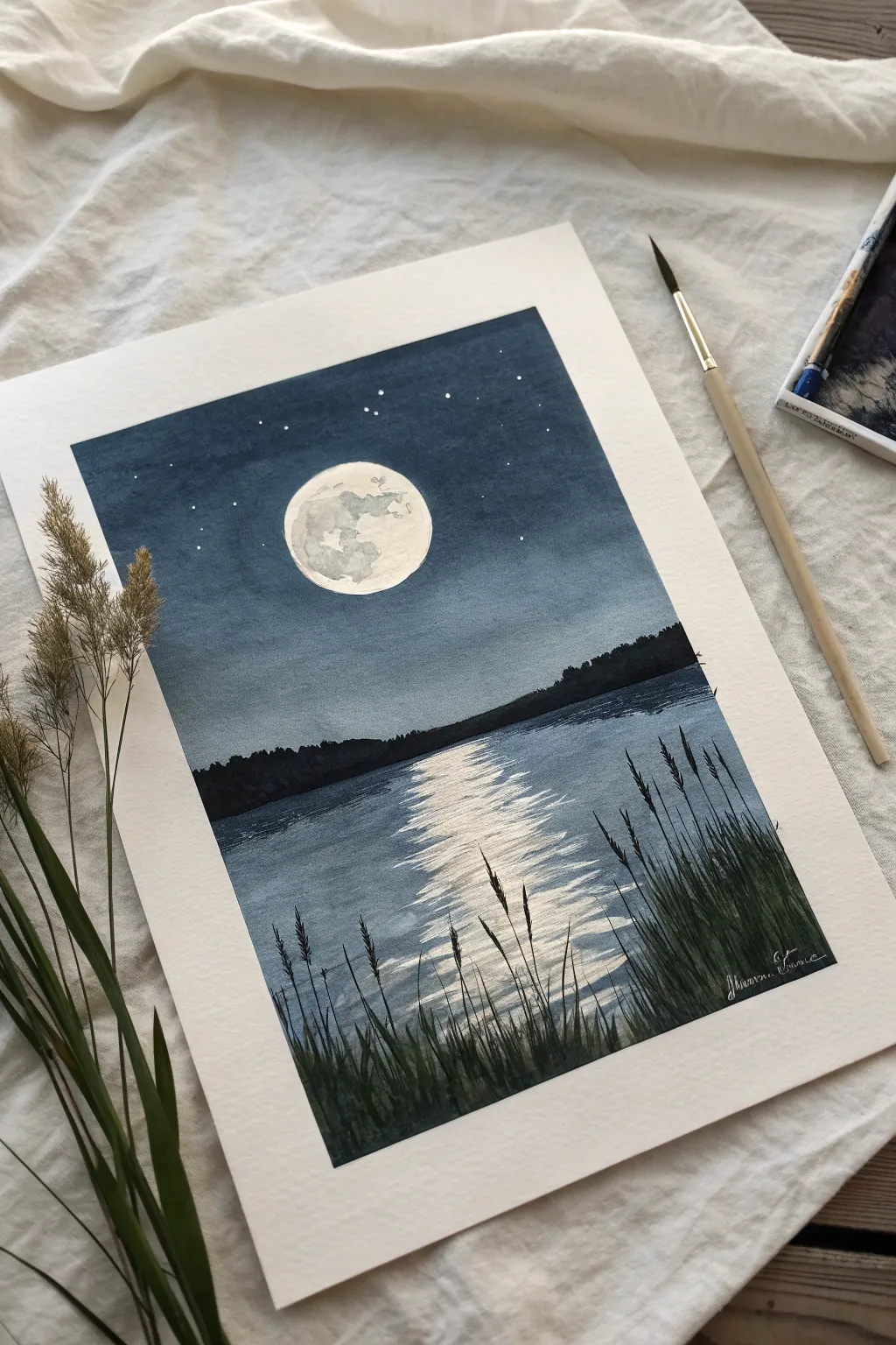 Paint a moonlit lake reflection study with strong values, simple shapes, and calm Nordic mood.