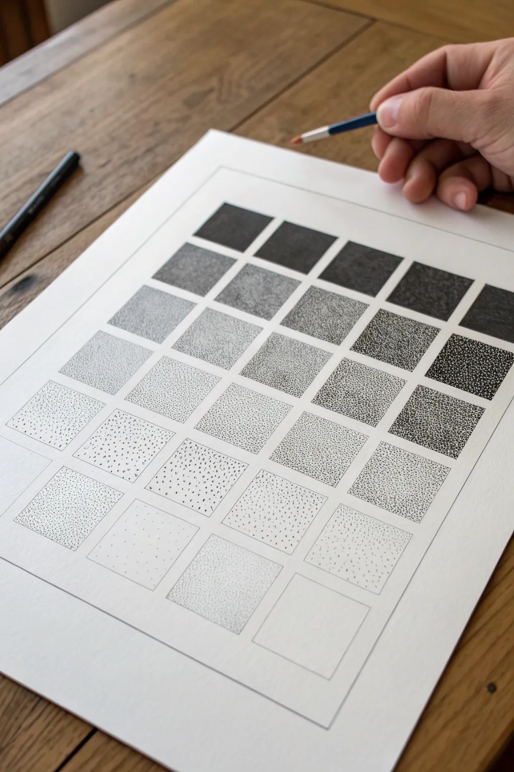 Stippling value scale dots from light to dark, a minimalist study in tone and texture.