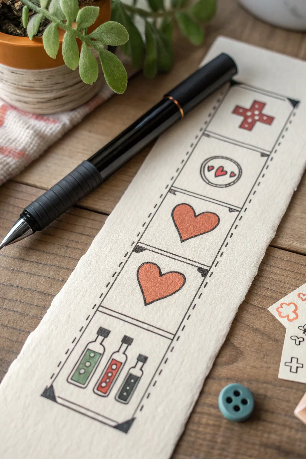 Minimal game UI doodle strip with hearts, bars, potions and mini-map in calm boho tones