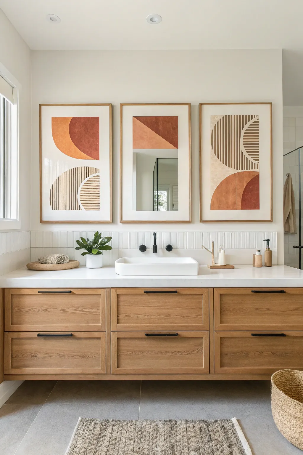A calm triptych set brings balance and length to a vanity wall with soft boho neutrals.