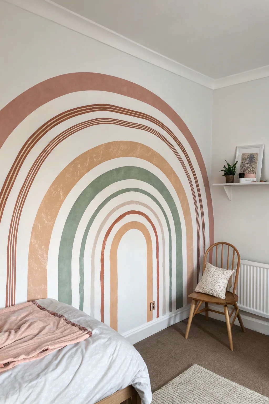 Soft rainbow arch bands add cozy DIY charm to a minimalist nook behind a chair or bed.